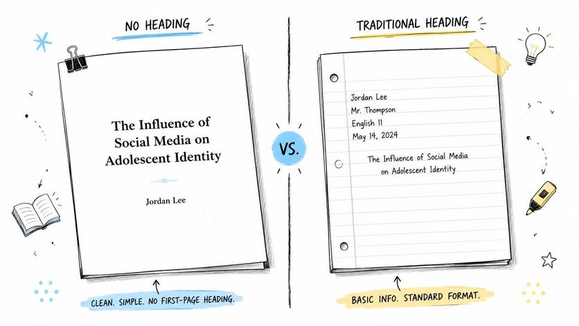 A comparison illustration showing a paper without a heading versus a paper using a traditional academic heading.