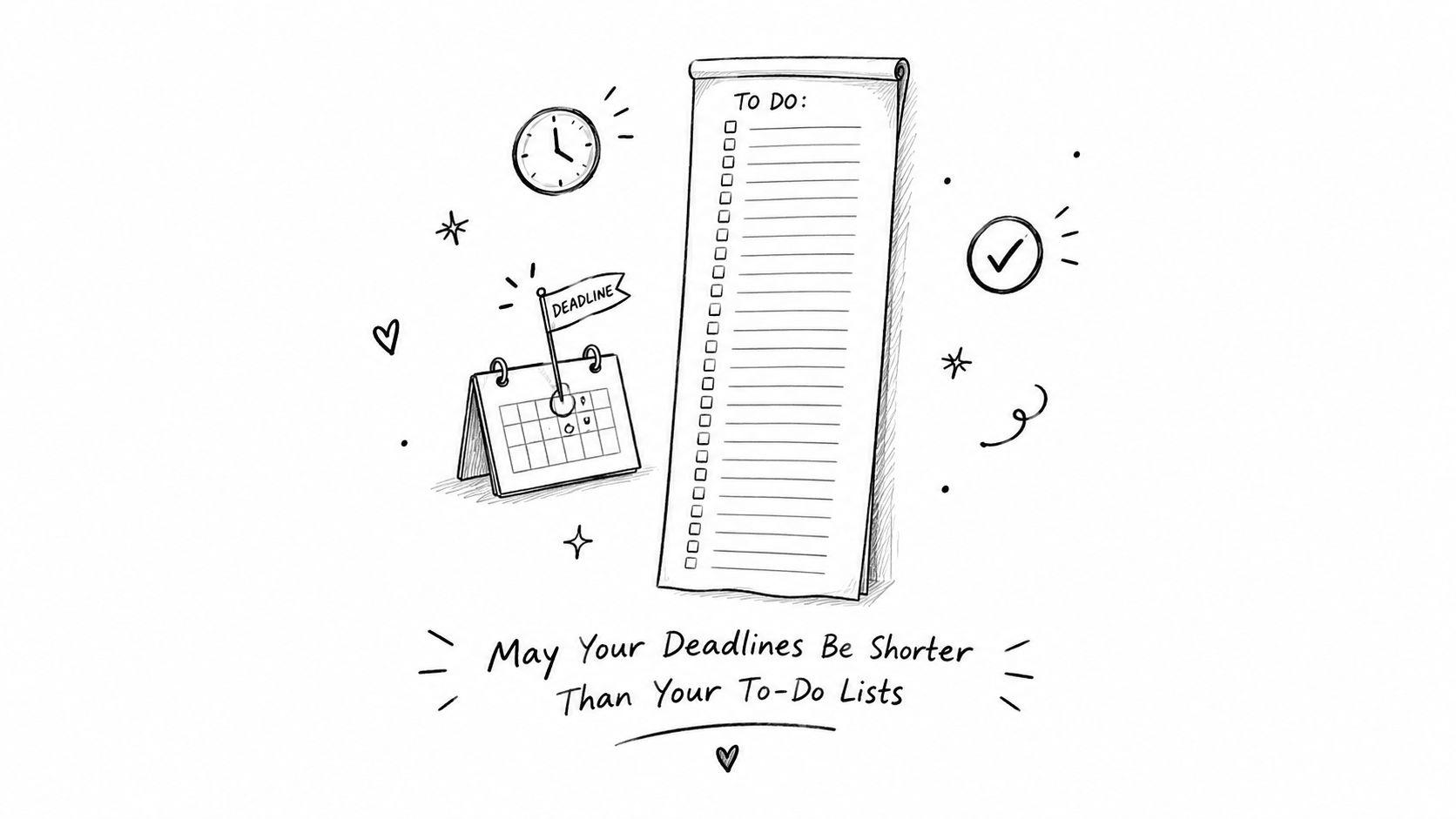 A hand-drawn illustration featuring a to-do list, a calendar with a deadline flag, and an inspirational quote.