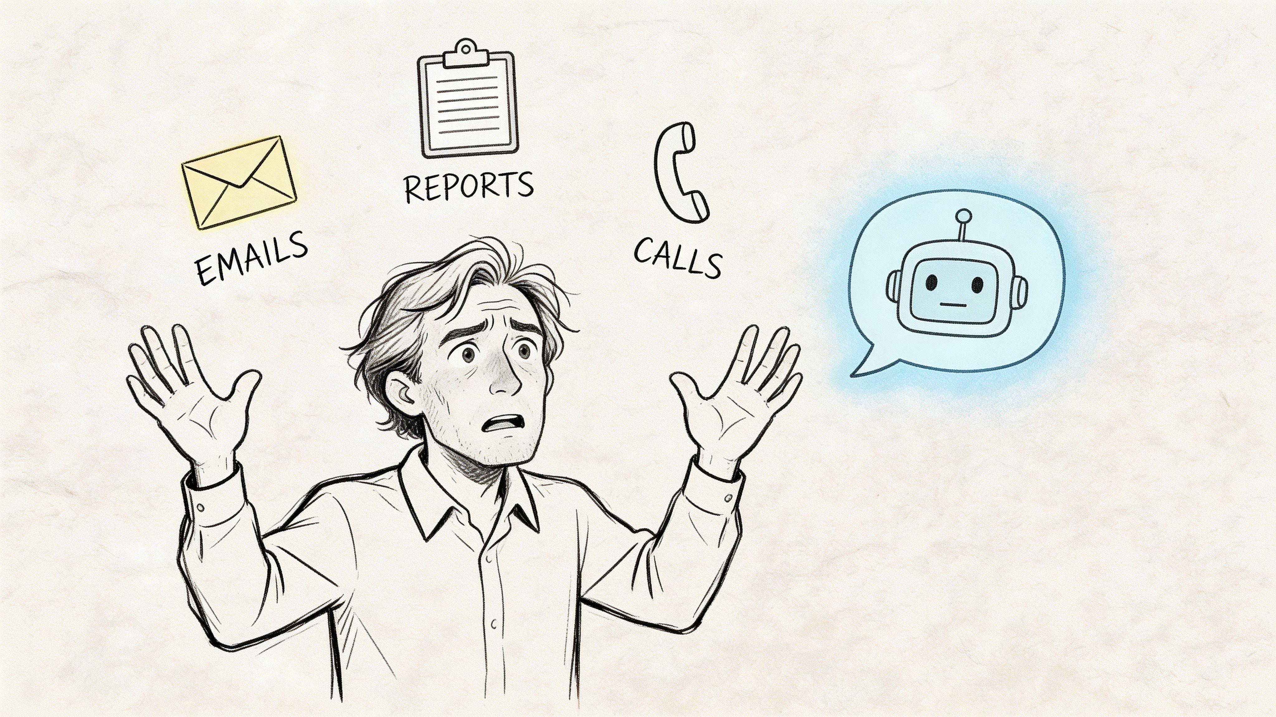 A stressed man overwhelmed by emails, reports, calls, and artificial intelligence chatbot technology in a sketch.