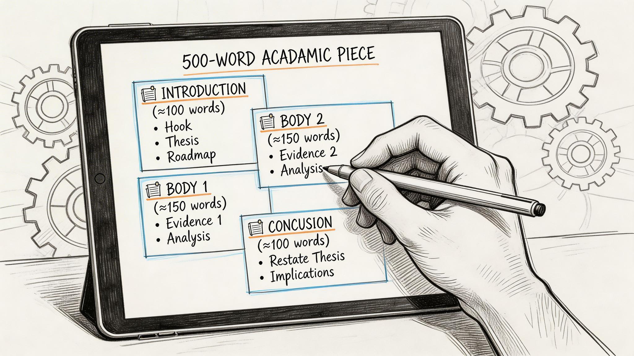 A digital illustration showing a structure for a 500-word academic essay displayed on a tablet screen.