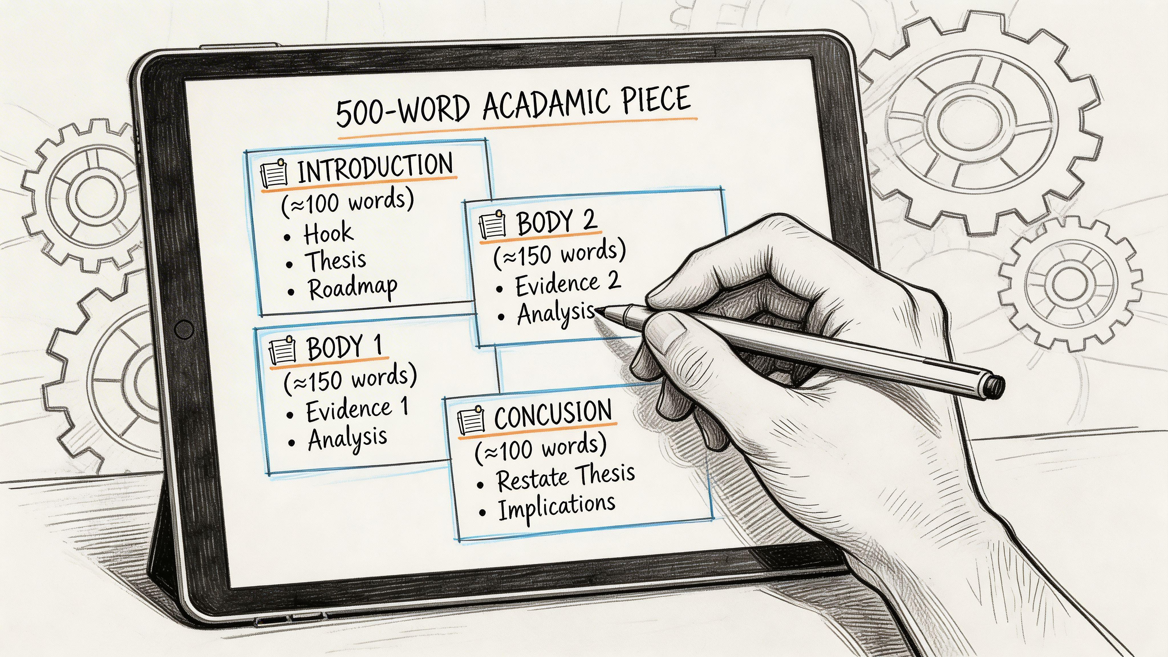 A digital illustration showing a structure for a 500-word academic essay displayed on a tablet screen.