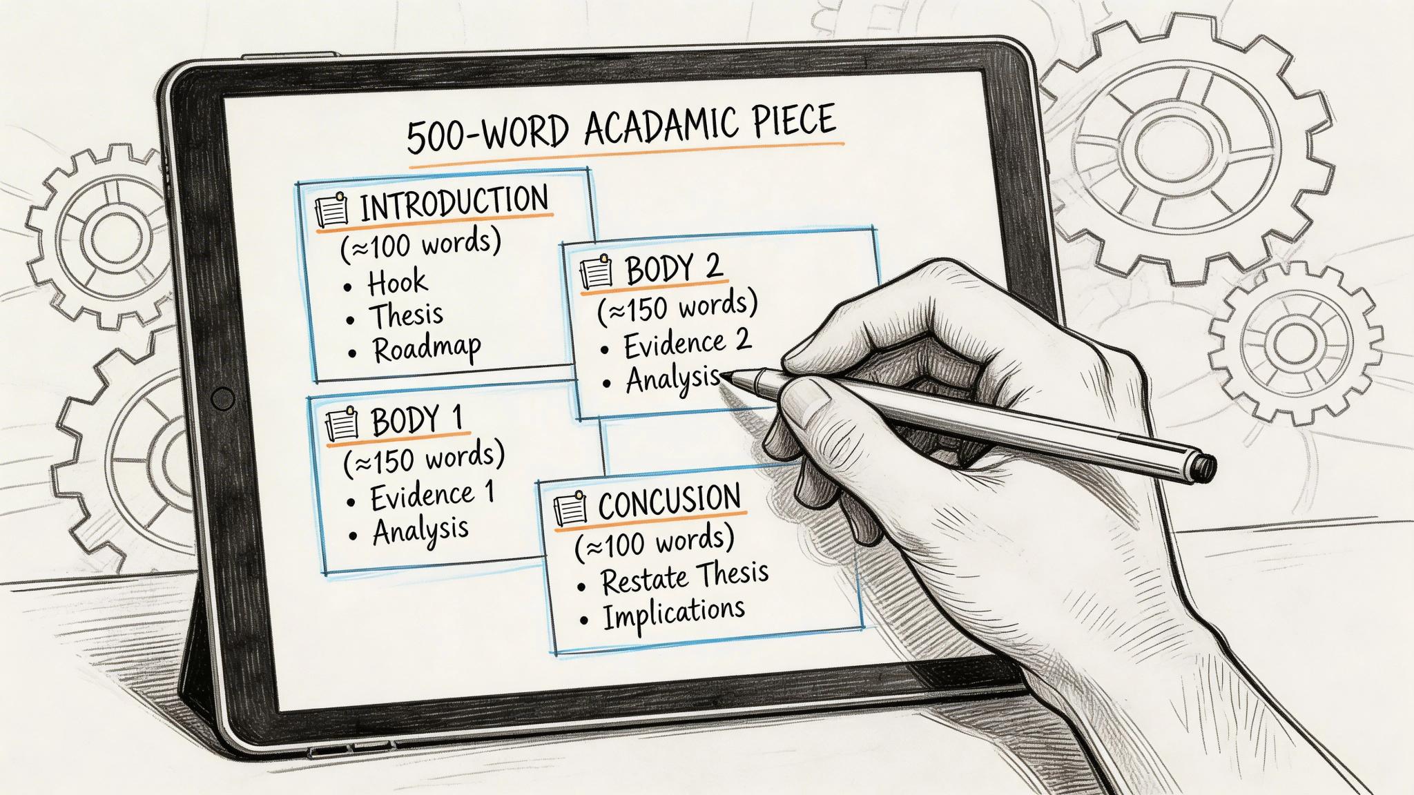 A digital illustration showing a structure for a 500-word academic essay displayed on a tablet screen.