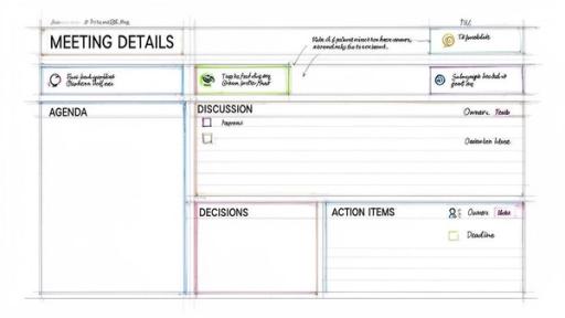 A hand-drawn meeting minutes template with sections for meeting details, agenda, discussion, decisions, and action items.