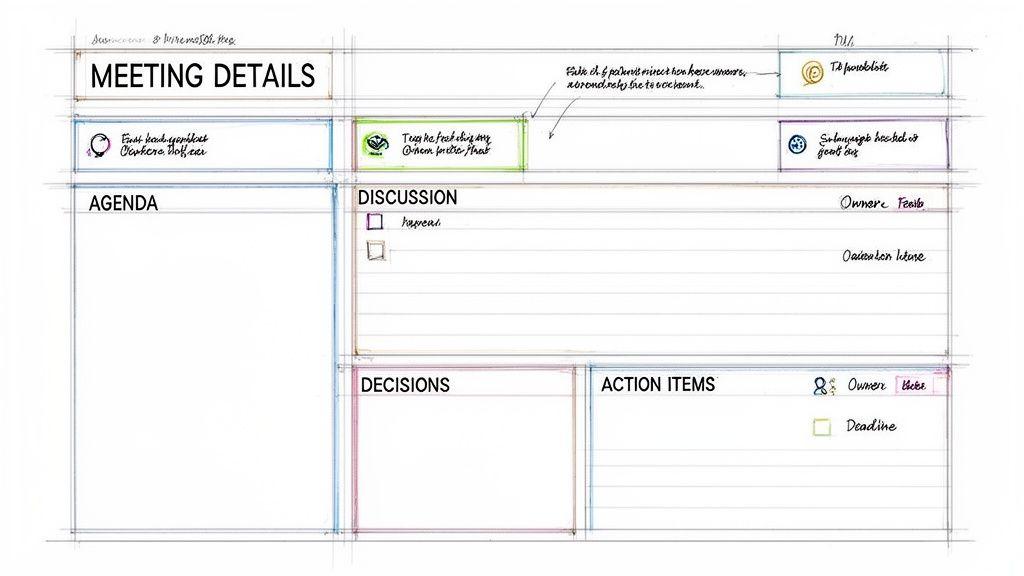 A hand-drawn meeting minutes template with sections for meeting details, agenda, discussion, decisions, and action items.