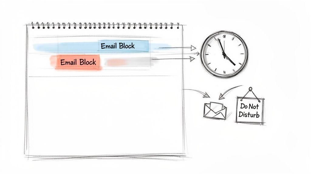 A sketch showing 'Email Block' on a calendar, pointing to a clock, an envelope, and a 'Do Not Disturb' sign.