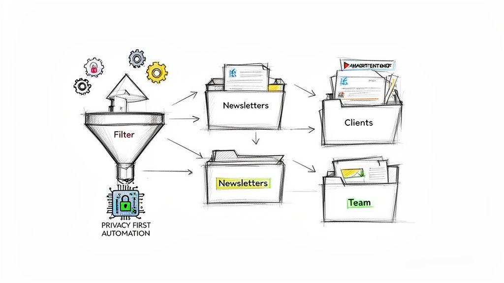 A diagram illustrating a privacy-first automation system filtering and organizing documents into newsletters, clients, and team folders.