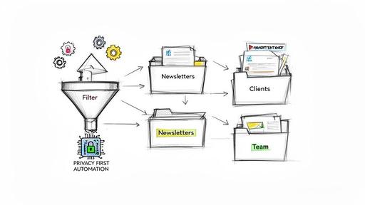 A diagram illustrating a privacy-first automation system filtering and organizing documents into newsletters, clients, and team folders.