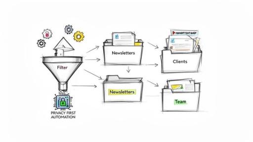 A diagram illustrating a privacy-first automation system filtering and organizing documents into newsletters, clients, and team folders.
