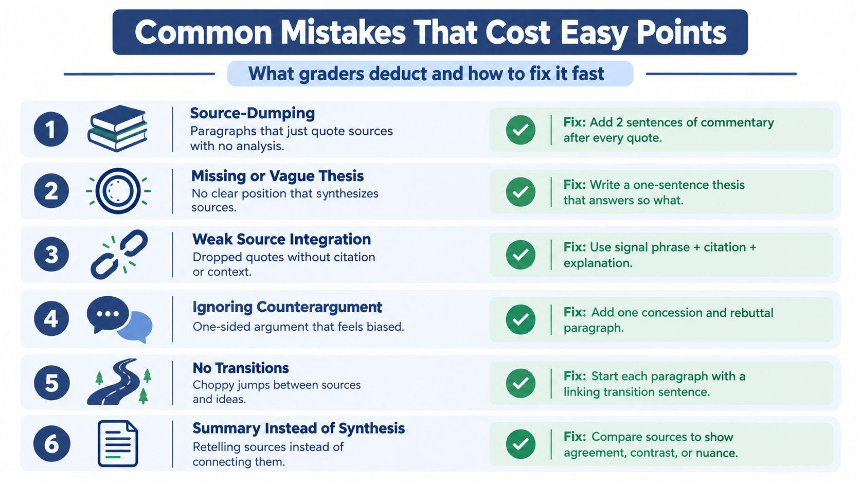 A numbered list infographic outlining six common writing mistakes and quick fixes to improve essay grades.