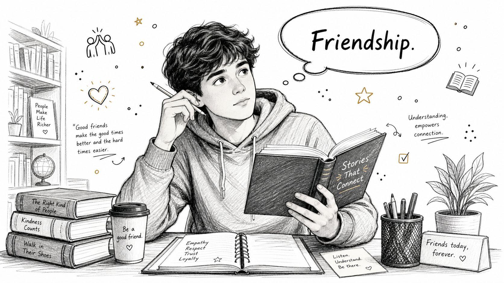 A young man sitting at a desk surrounded by books, contemplating the central idea of friendship.