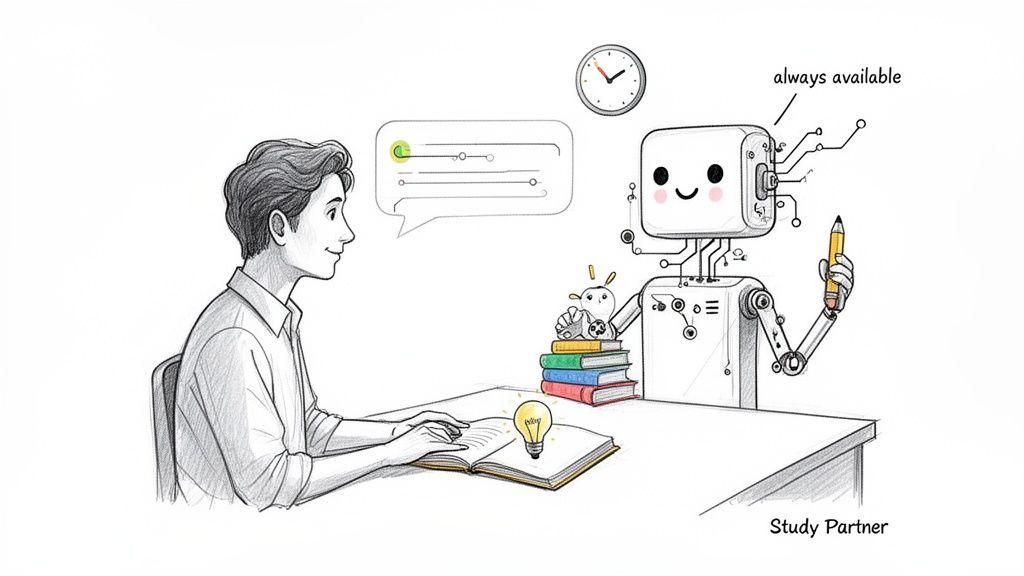 A student studies with a friendly AI robot tutor, symbolizing AI chat as an always-available study partner.