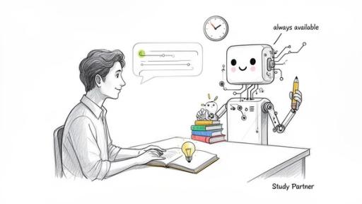 A student studies with a friendly AI robot tutor, symbolizing AI chat as an always-available study partner.
