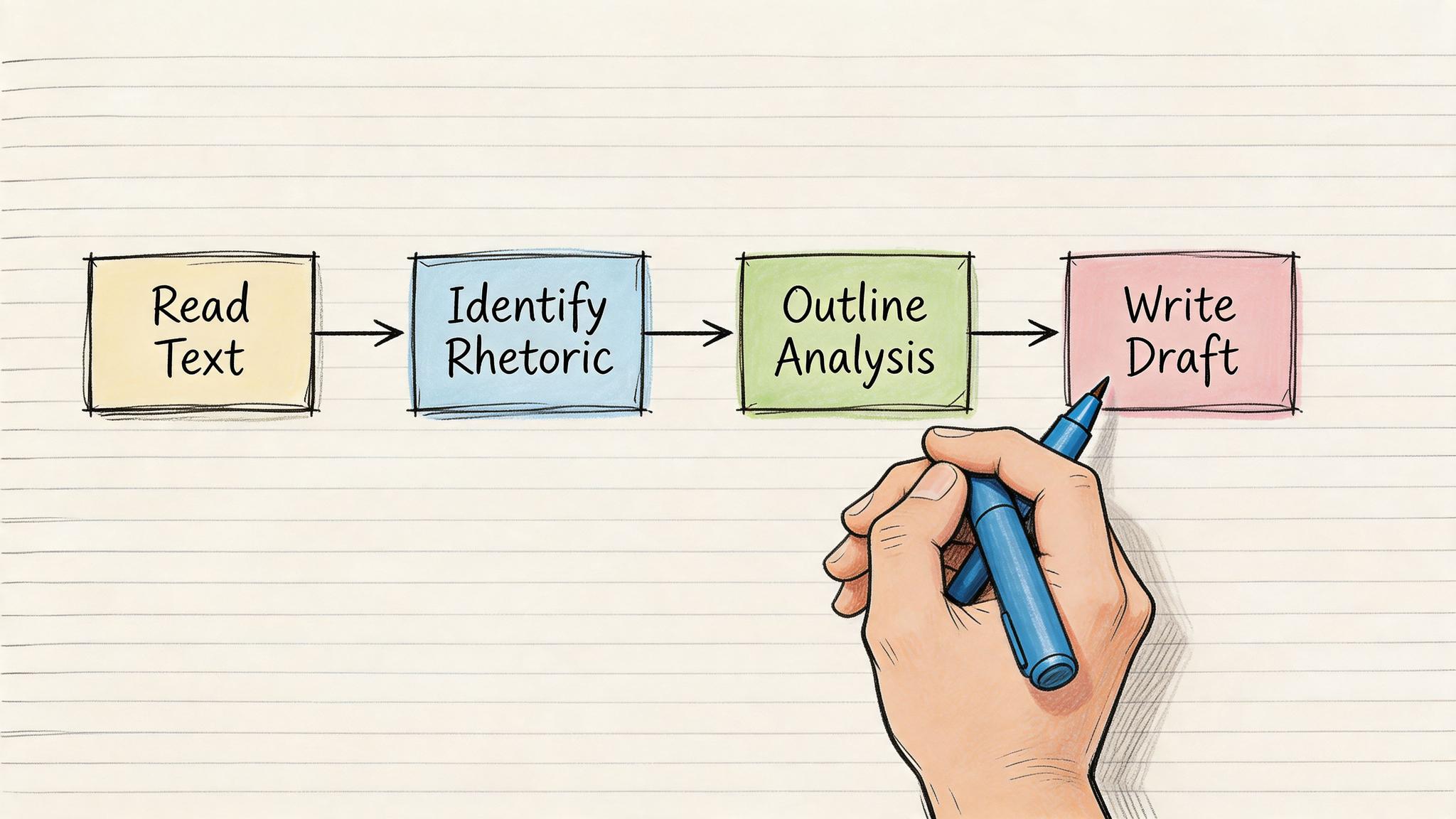 A hand holding a blue pen drawing a flow chart about the steps for a rhetorical analysis.