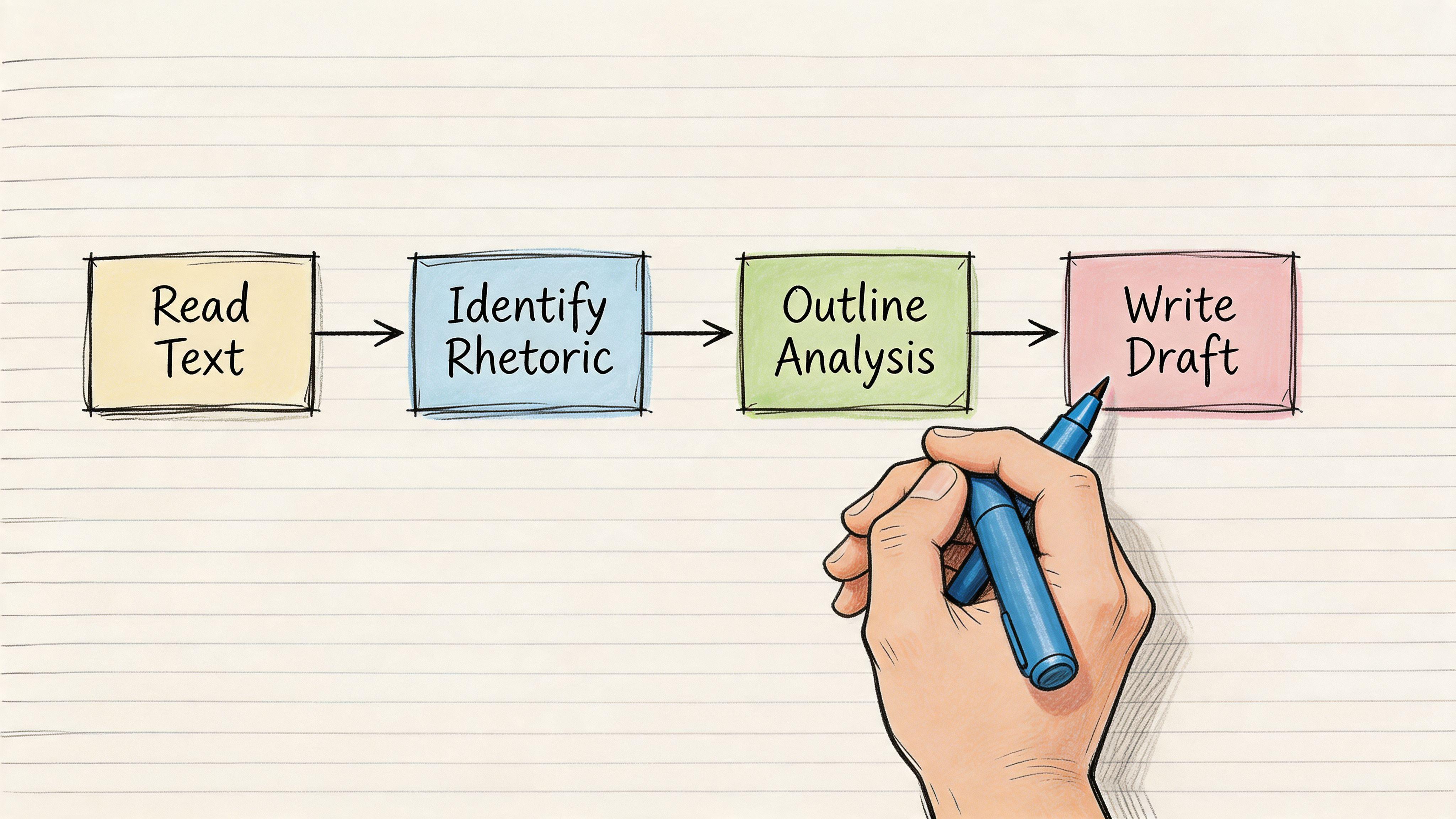 A hand holding a blue pen drawing a flow chart about the steps for a rhetorical analysis.