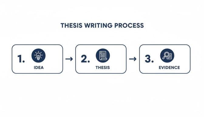 A clear diagram outlining the three-step thesis writing process: idea, thesis, and evidence.