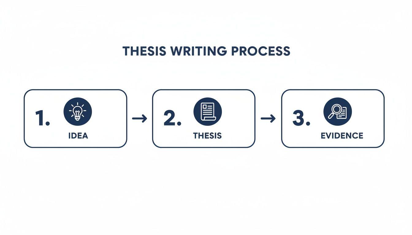 A clear diagram outlining the three-step thesis writing process: idea, thesis, and evidence.