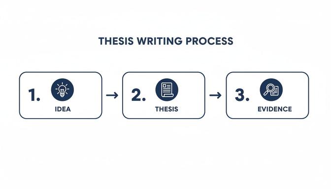 A clear diagram outlining the three-step thesis writing process: idea, thesis, and evidence.