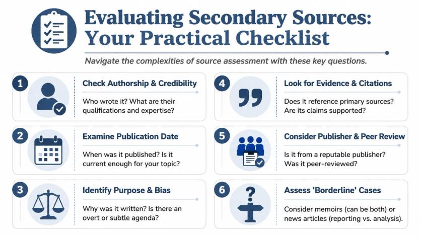 A checklist infographic titled Evaluating Secondary Sources offering six practical steps for assessing research materials credibility.
