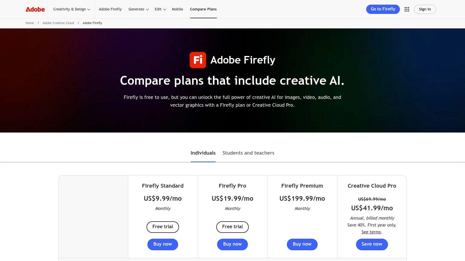 Adobe Firefly plans page showing generative credit system