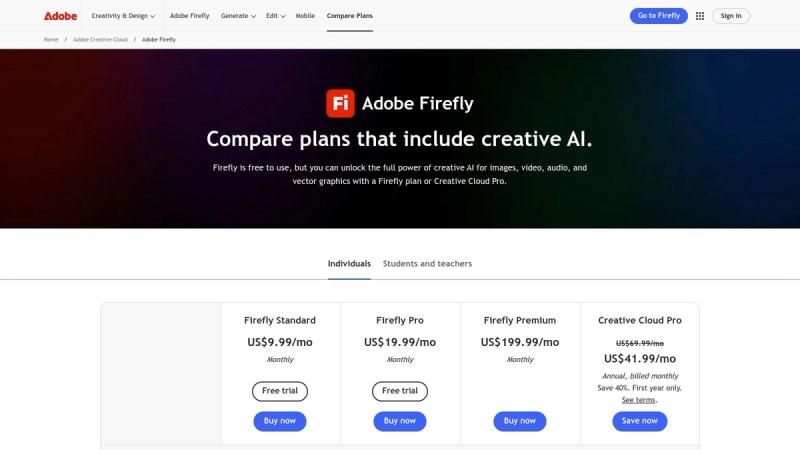 Adobe Firefly plans page showing generative credit system