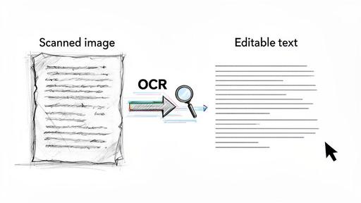 Diagram showing Optical Character Recognition (OCR) converting a scanned document image into editable digital text.