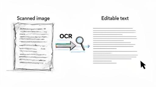 Diagram showing Optical Character Recognition (OCR) converting a scanned document image into editable digital text.