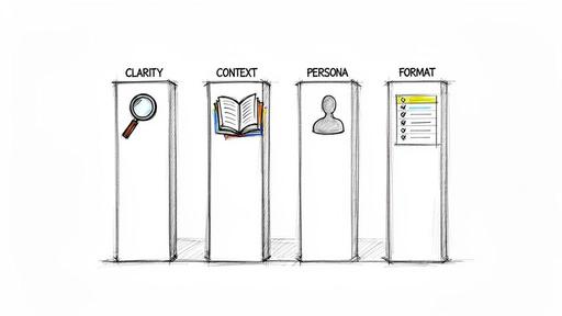 Four pillars representing clarity (magnifying glass), context (books), persona (person icon), and format (checklist).