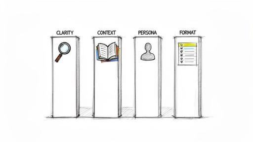 Four pillars representing clarity (magnifying glass), context (books), persona (person icon), and format (checklist).