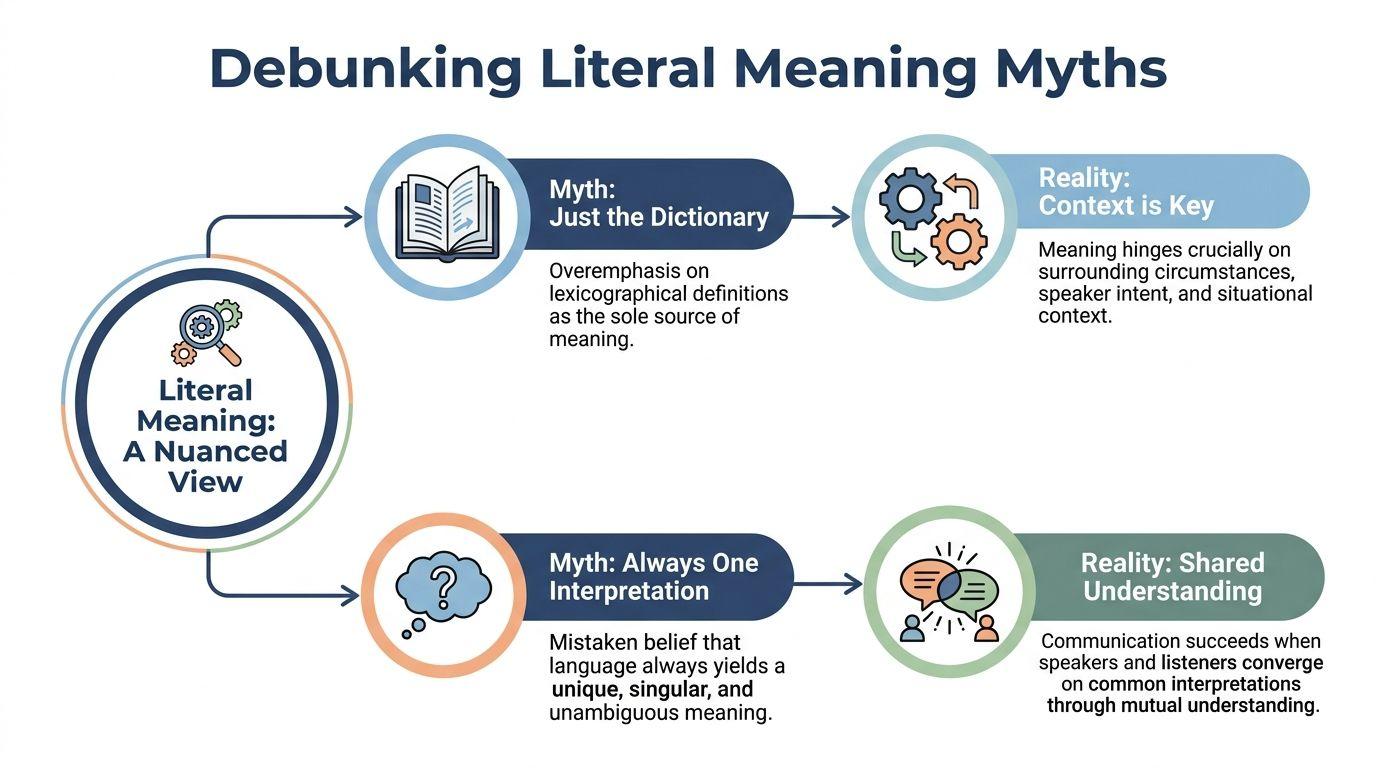 An infographic titled Debunking Literal Meaning Myths highlighting the importance of context and shared understanding in communication.