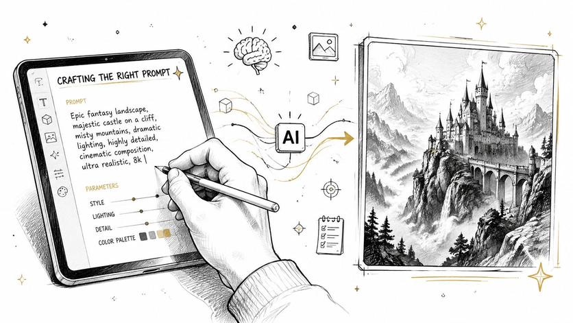A hand using a digital pen on a tablet to create a detailed pencil sketch of a castle.