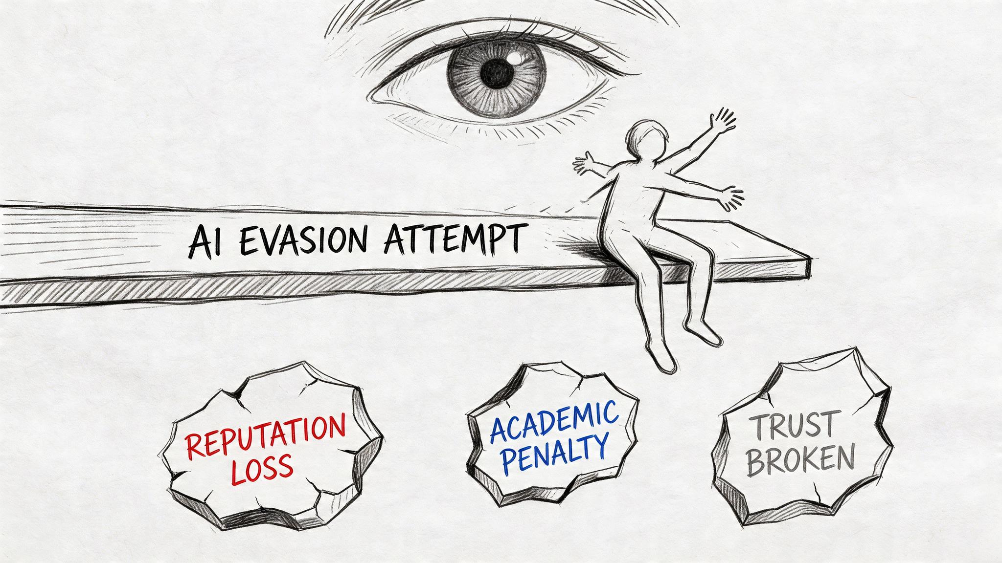 A conceptual sketch showing a person on a diving board under an eye, representing consequences of AI evasion.
