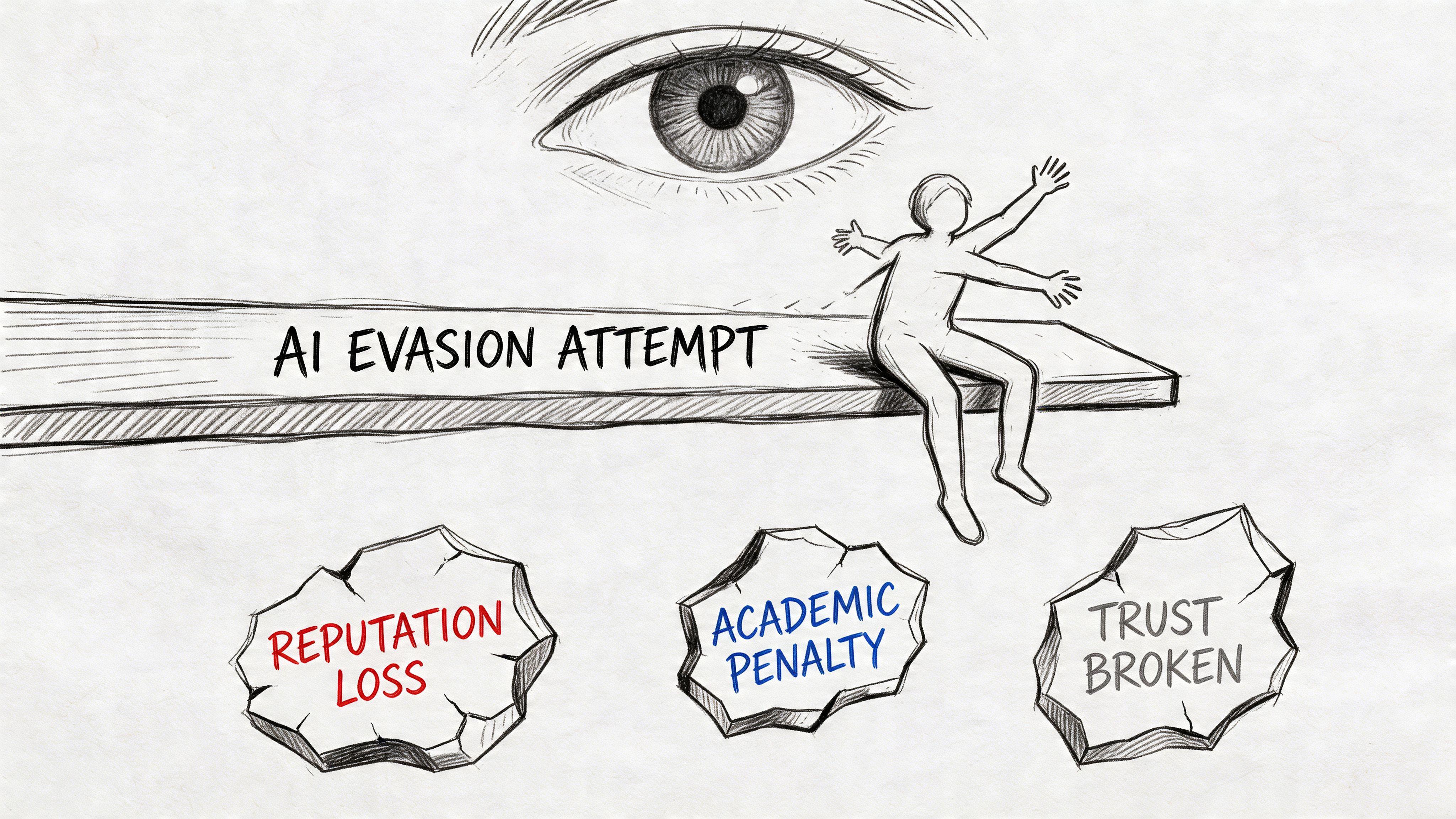 A conceptual sketch showing a person on a diving board under an eye, representing consequences of AI evasion.