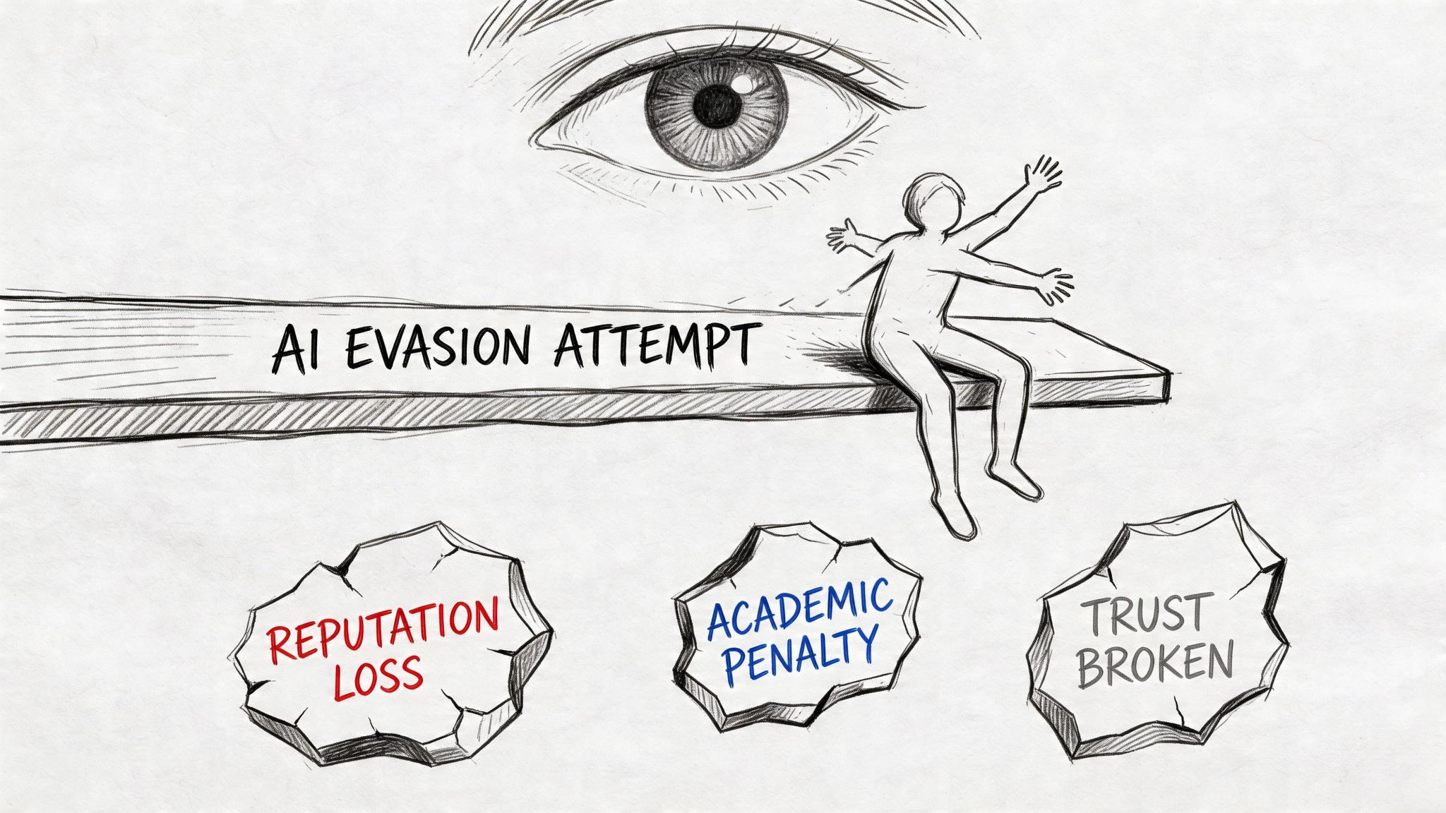 A conceptual sketch showing a person on a diving board under an eye, representing consequences of AI evasion.