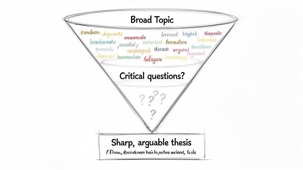 A funnel diagram illustrates the process of narrowing a broad topic through critical questions to a sharp, arguable thesis statement.