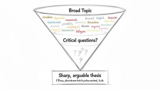 A funnel diagram illustrates the process of narrowing a broad topic through critical questions to a sharp, arguable thesis statement.