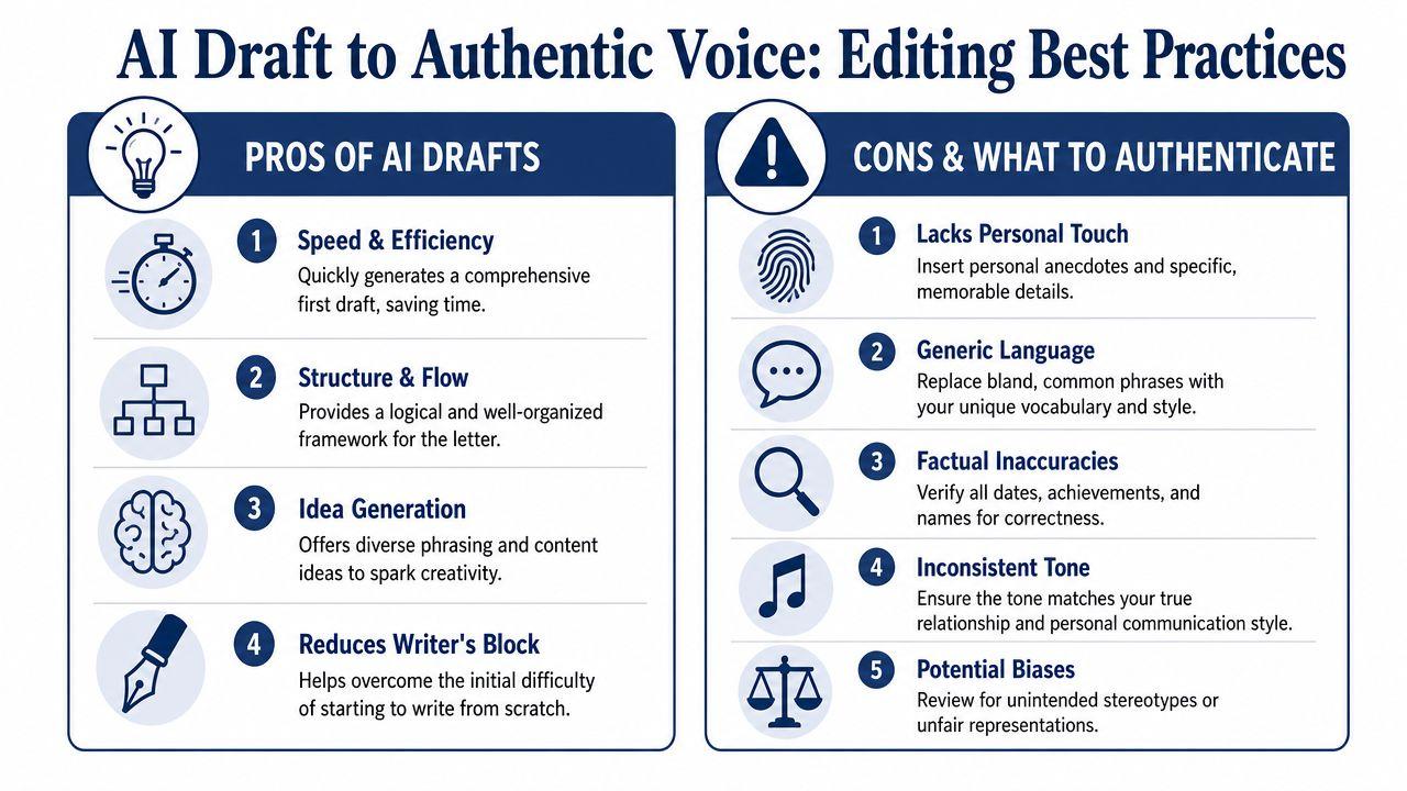 An infographic titled AI Draft to Authentic Voice showing pros and cons of using AI for writing.
