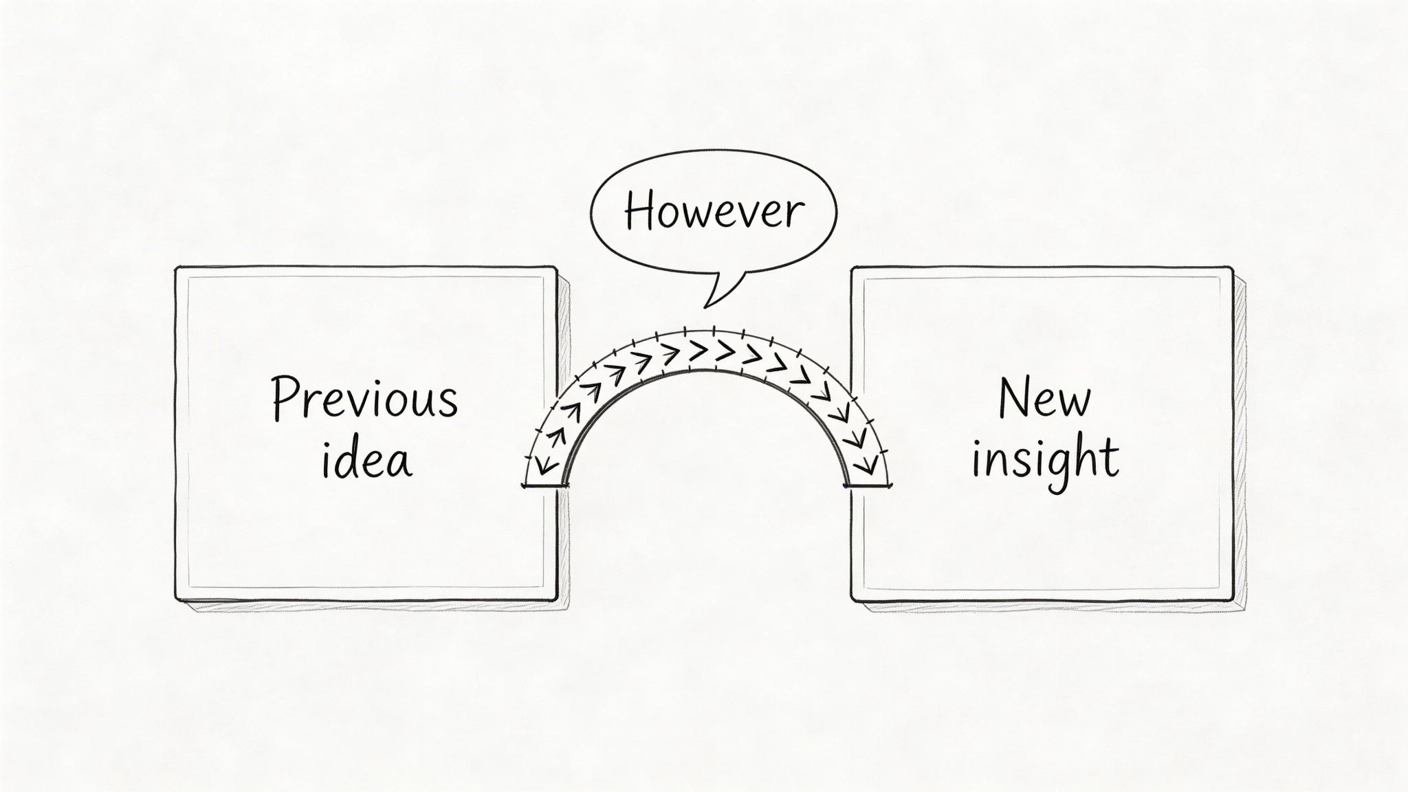 A conceptual diagram showing a bridge connecting a previous idea to a new insight with the word However.