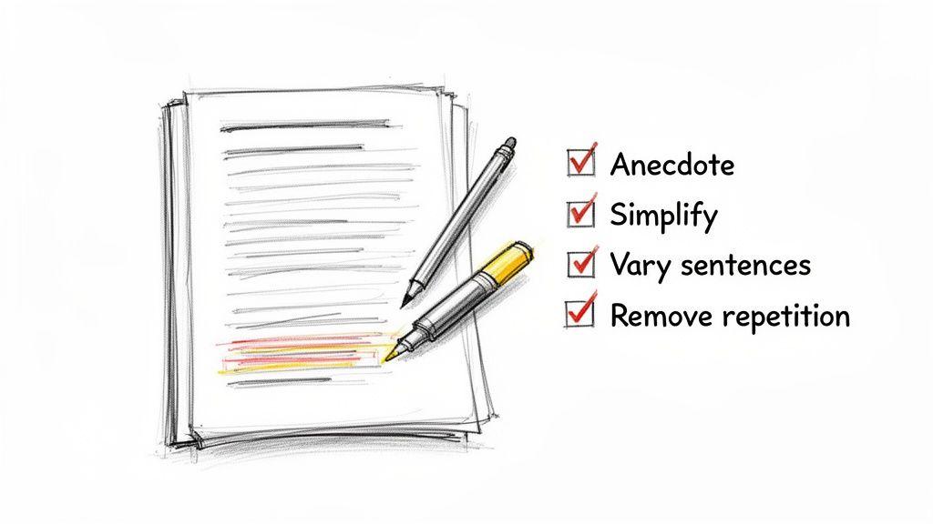 Sketch of papers with a pencil and highlighter next to a checklist for improving writing.