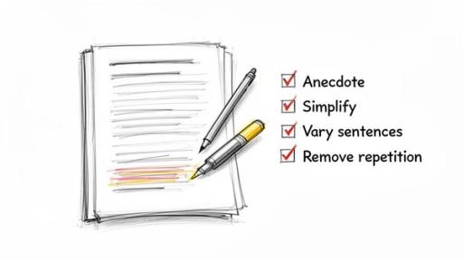 Sketch of papers with a pencil and highlighter next to a checklist for improving writing.