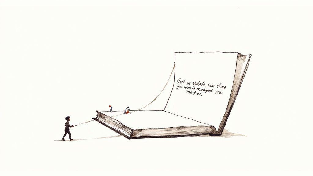 Whimsical illustration depicting small figures interacting with a giant open book containing text.