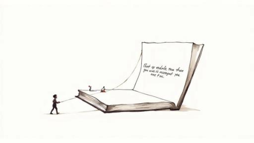 Whimsical illustration depicting small figures interacting with a giant open book containing text.