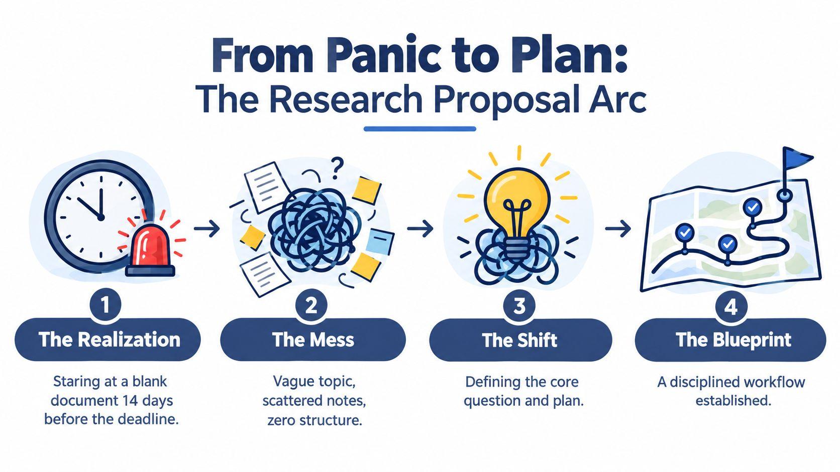 A four-step infographic illustrating the research proposal arc, transitioning from panic to a structured planning process.