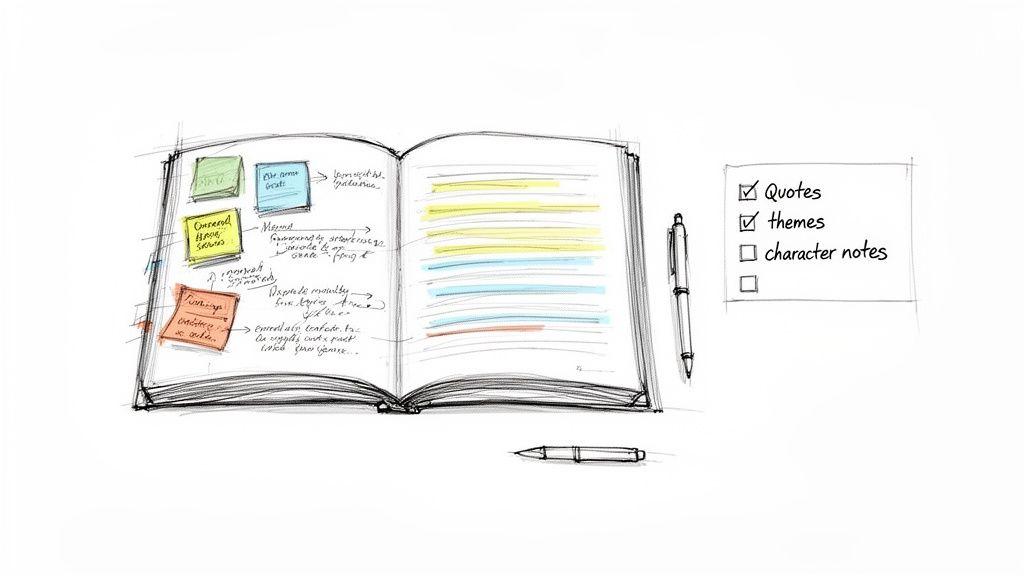 A hand-drawn sketch of an open notebook with sticky notes, highlighted text, and a reading checklist.