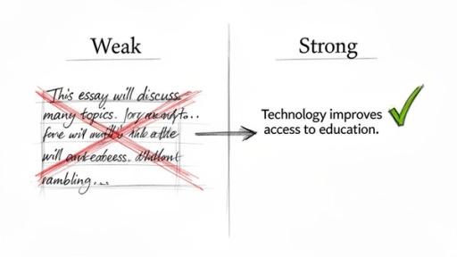 An image comparing a weak, rambling essay statement with a strong, concise one about technology and education.