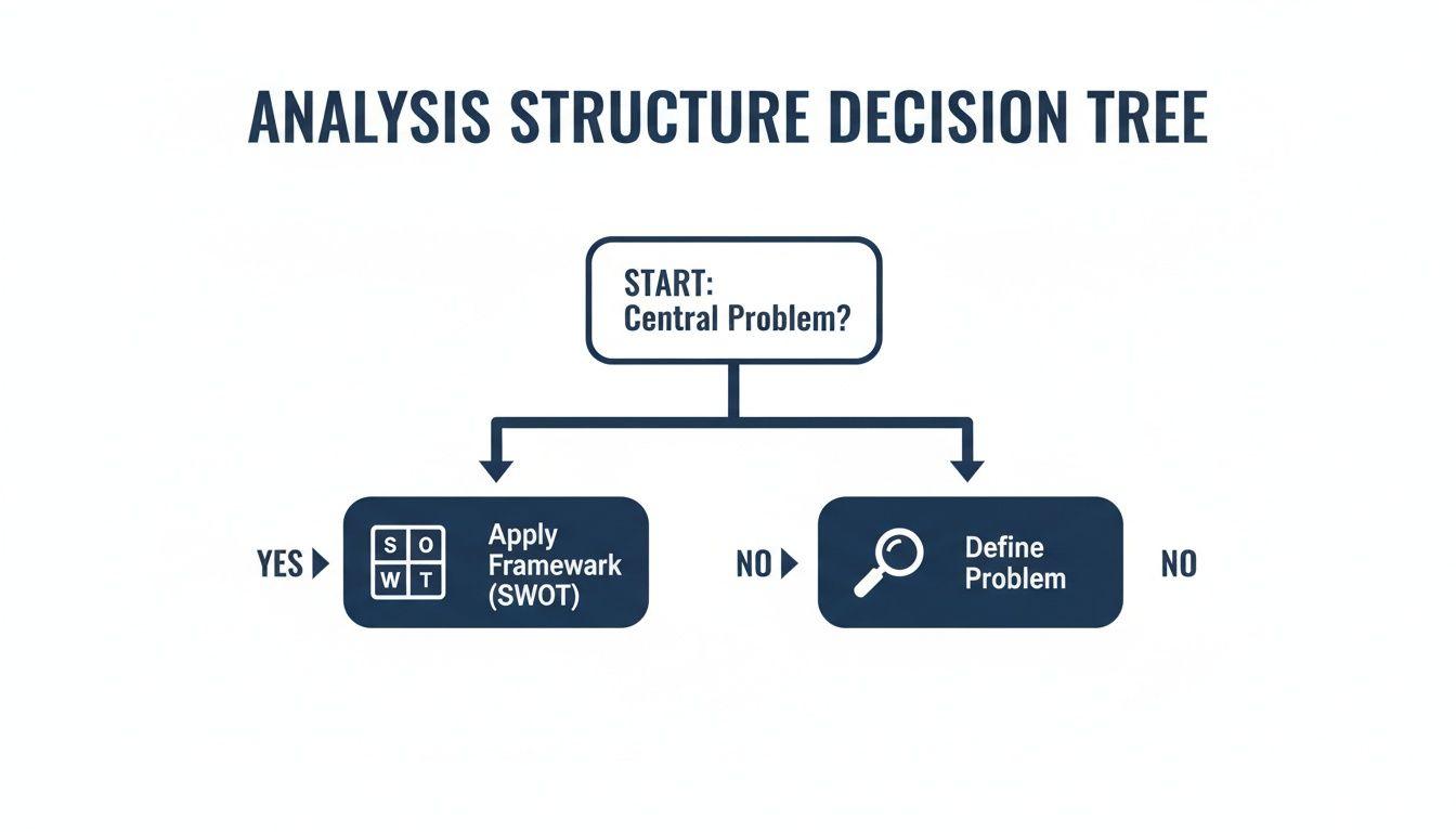A decision tree diagram for analysis structure, starting with a central problem, then applying a SWOT framework or defining the problem.