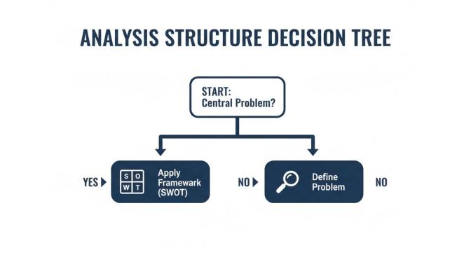 A decision tree diagram for analysis structure, starting with a central problem, then applying a SWOT framework or defining the problem.