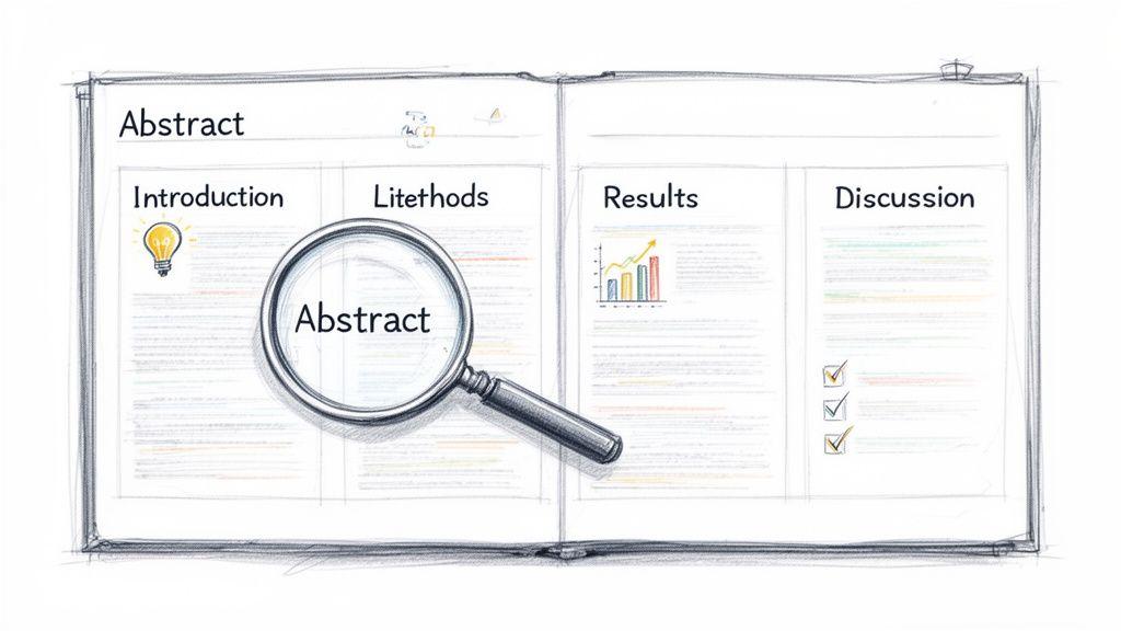 Illustration of a scholarly paper's structure with a magnifying glass highlighting the abstract section.