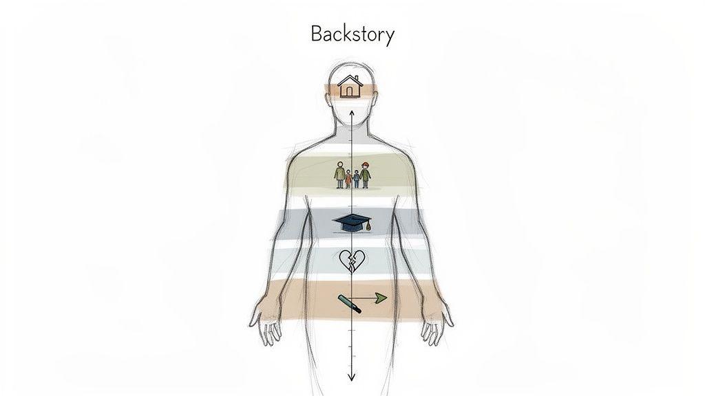A visual representation of a person's backstory, showing key life events like home, family, education, and career.