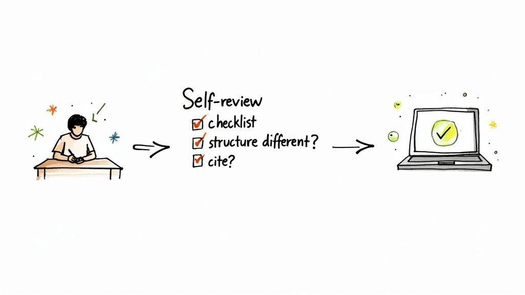 A student reviews their work using a self-review checklist, then approves it on a laptop.