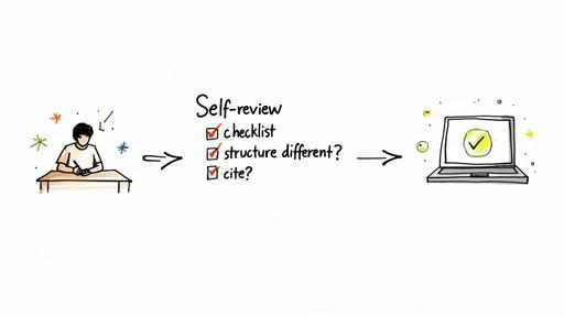 A student reviews their work using a self-review checklist, then approves it on a laptop.